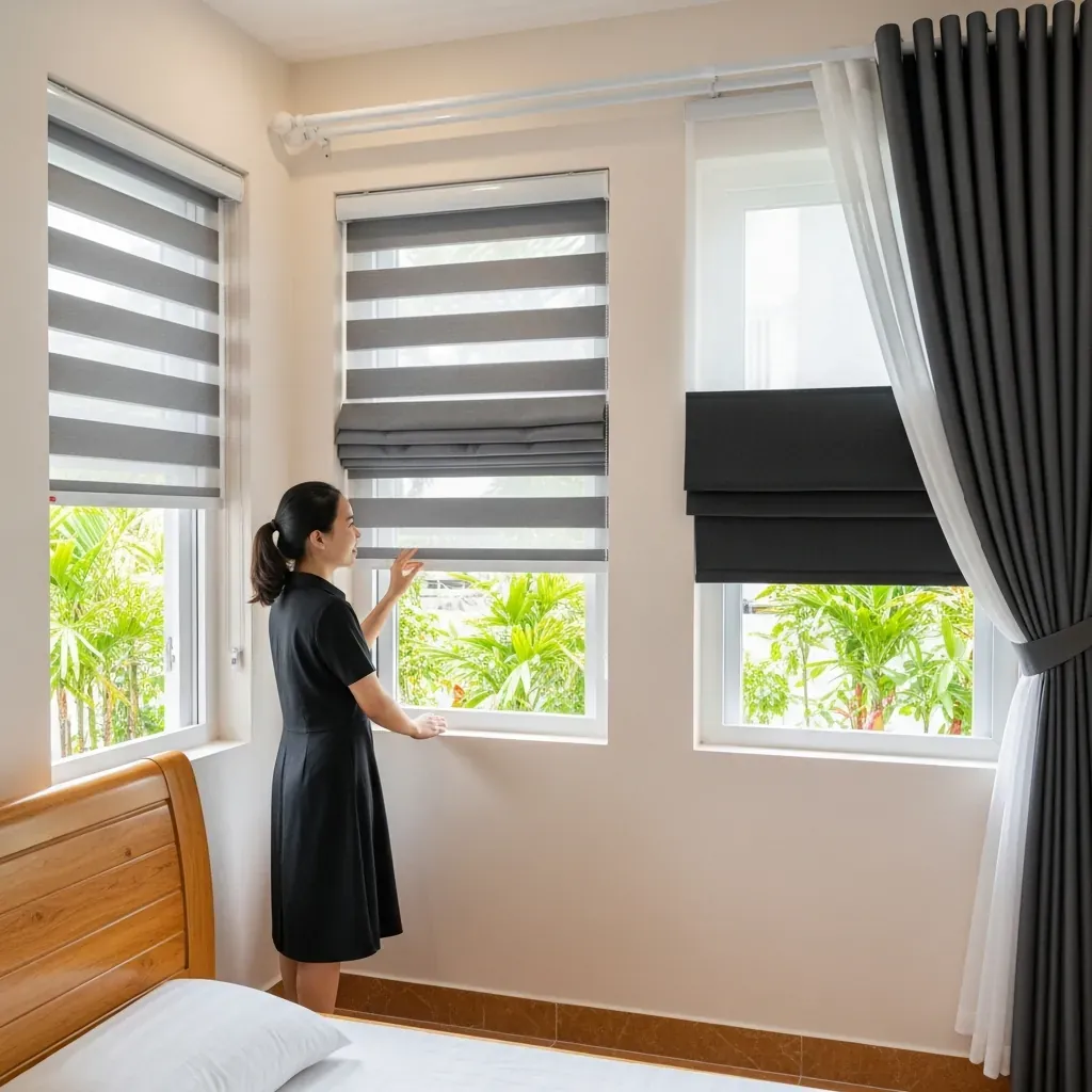 Ba kiểu rèm cửa sổ phù hợp cho phòng ngủ nhỏ: rèm cuốn, rèm Roman và rèm vải hai lớp, được trưng bày trong một căn phòng ngủ nhỏ kiểu Việt Nam.