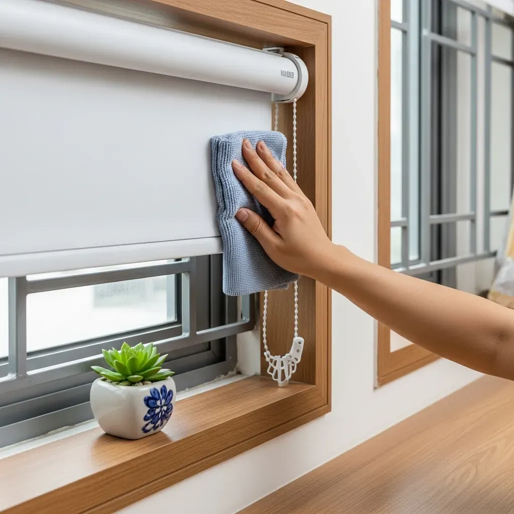 Bàn tay lau rèm cuốn bằng khăn ẩm, chú ý không ngâm nước.