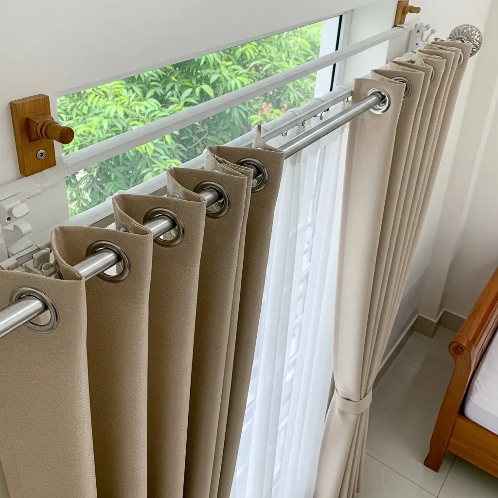 Cận cảnh rèm ore với các khoen tròn xâu qua thanh treo.