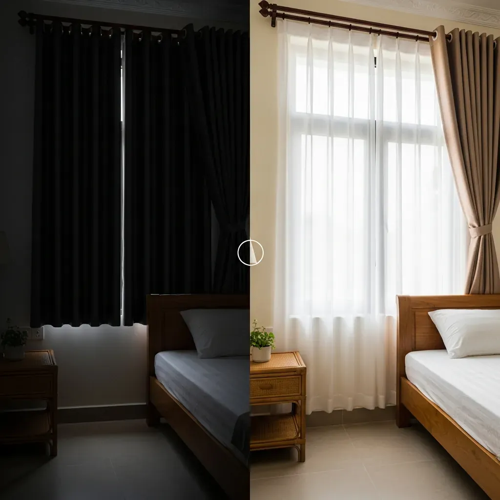 Hai cửa sổ so sánh: một bên rèm blackout chặn hoàn toàn ánh sáng, bên kia rèm lọc sáng cho ánh sáng dịu.