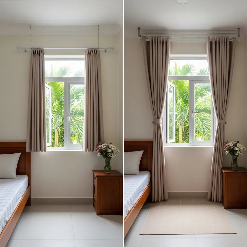 Hình ảnh so sánh trước và sau khi treo rèm cao, rộng và dài chạm sàn giúp phòng ngủ nhỏ trông cao và thoáng hơn.