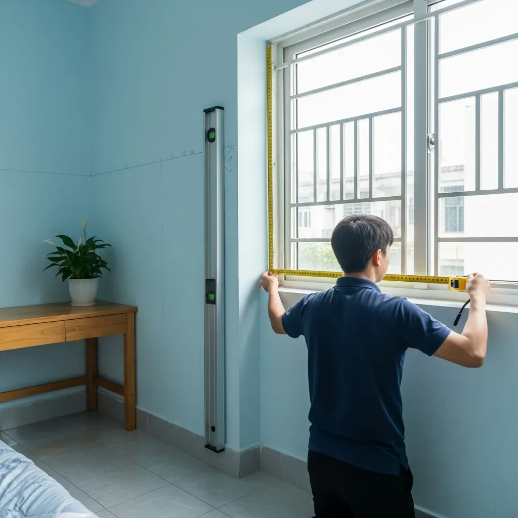 Hướng dẫn đo đạc cửa sổ để đặt rèm chính xác, một người đang đo chiều rộng khung cửa.