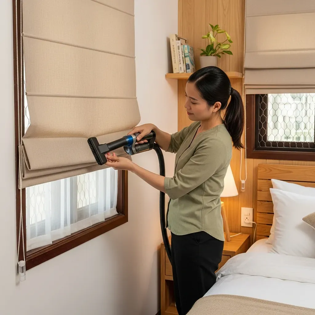 Người phụ nữ dùng máy hút bụi đầu chổi mềm làm sạch các nếp gấp của rèm Roman.