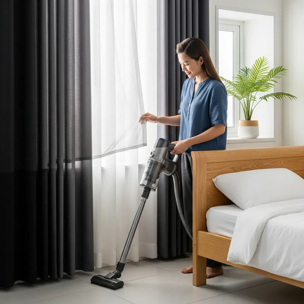 Người phụ nữ Việt đang hút bụi rèm vải hai lớp bằng máy hút bụi cầm tay.