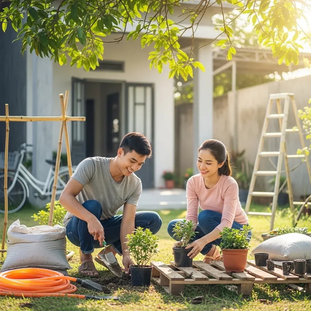 Đôi vợ chồng trẻ tự tay làm sân vườn nhỏ trước nhà cấp 4.