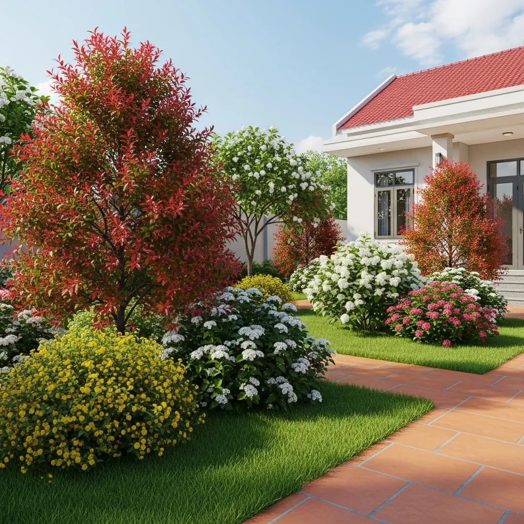 Khu vườn với các loại cây dễ chăm sóc như cỏ Nhung Nhật, Chuỗi Ngọc, Hồng Lộc.
