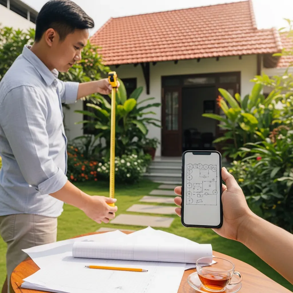 Người đàn ông Việt Nam đang đo đạc và xem bản phác thảo sân vườn trên điện thoại.