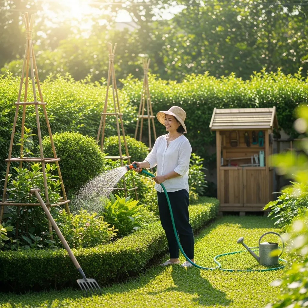 Người phụ nữ tưới cây trong sân vườn nhà cấp 4 vào buổi sáng sớm.