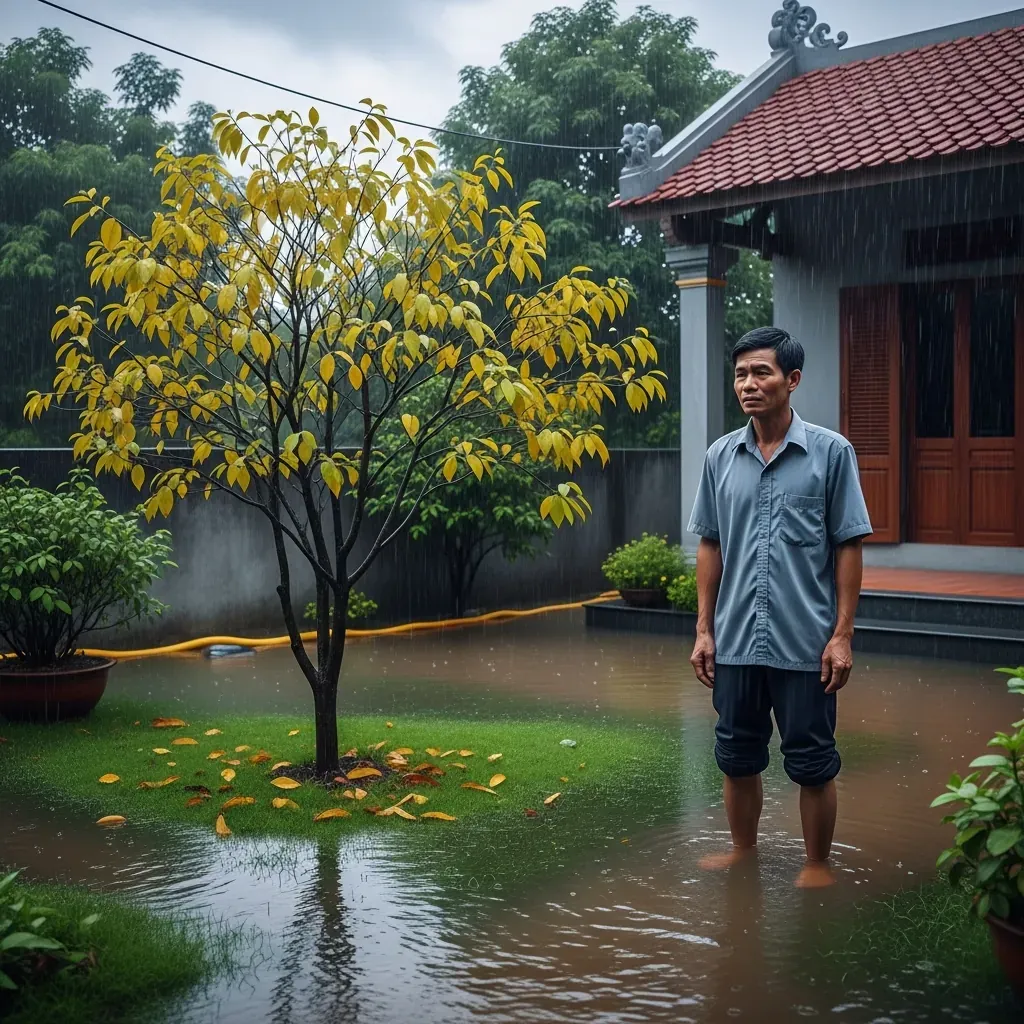 Sân vườn ngập nước sau mưa do không có hệ thống thoát nước tốt.
