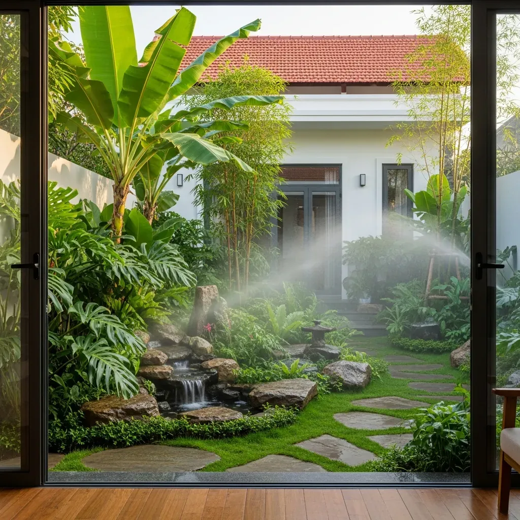 Sân vườn nhiệt đới xanh mát với nhiều tầng lá, thác nước nhỏ và nhà cấp 4 phía sau.