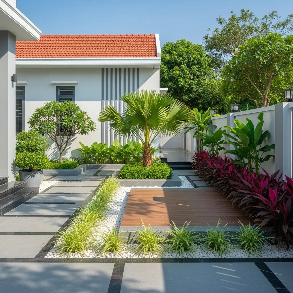 Sân vườn phong cách hiện đại cho nhà cấp 4 với lối đi bê tông, sỏi trắng và cây xanh tối giản.