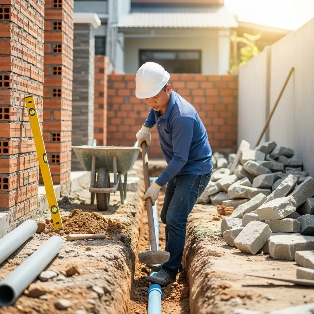 Thợ thi công cảnh quan đào rãnh thoát nước cho sân vườn nhà cấp 4.