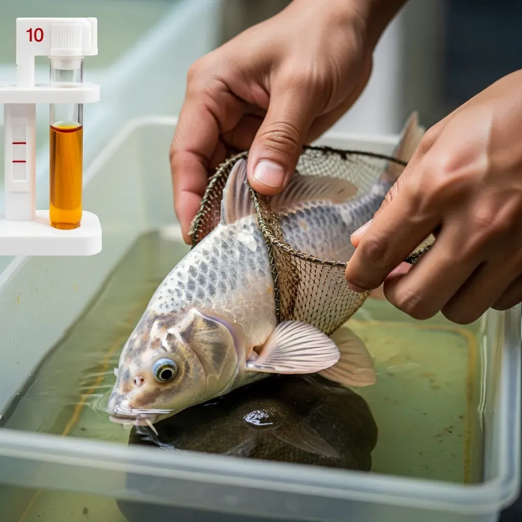 Cá Koi bị bệnh, có đốm trắng, cạ mình vào đá; tay người Việt đang kiểm tra cá trong bể cách ly.