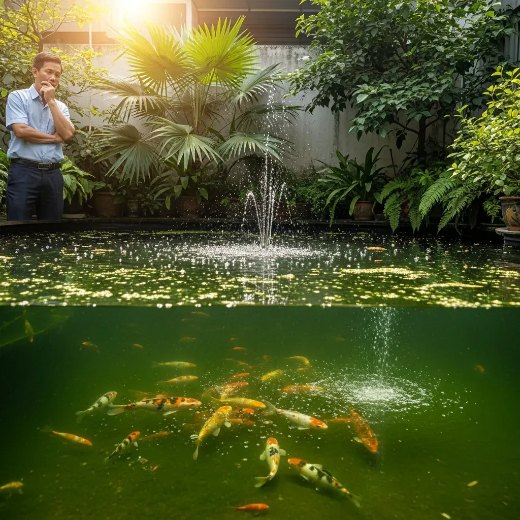 Hồ cá Koi quá nông dưới 0.8m, nước nóng, cá stress bơi lờ đờ gần mặt nước.