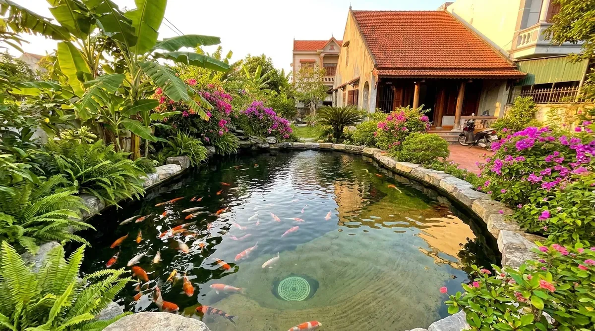 Hồ cá Koi trong khu vườn nhiệt đới Việt Nam, nước trong thấy cá Koi đầy màu sắc bơi lội, xung quanh cây cối xanh mát.