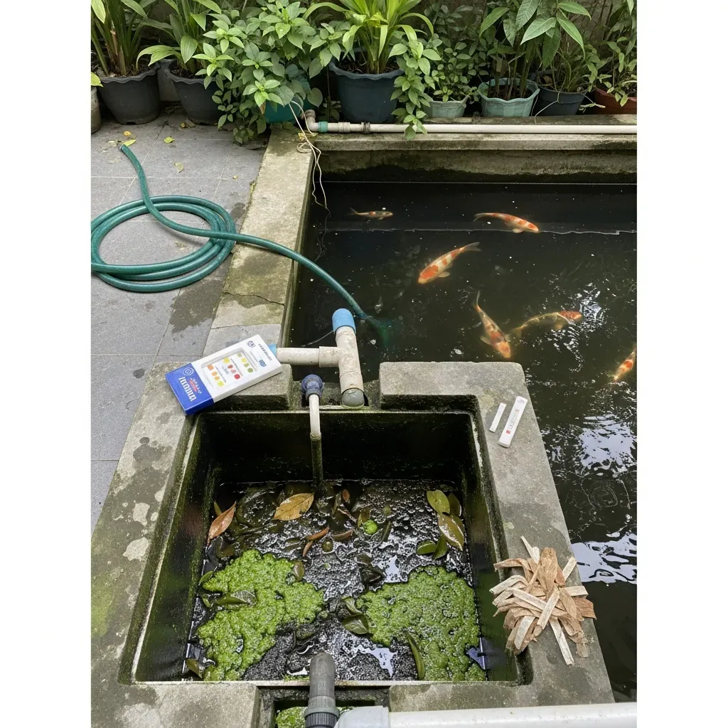 Ngăn lọc bị bỏ bê, đầy cặn bùn và rác, nước đục, cá Koi lờ đờ.