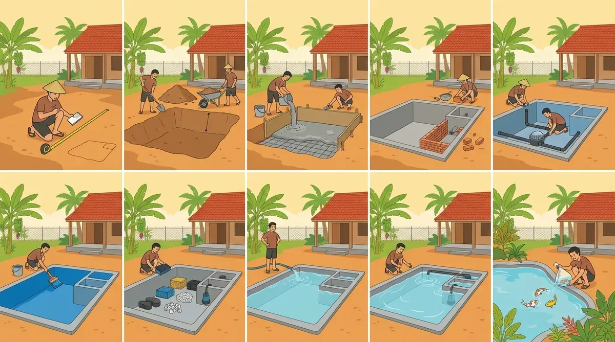 Sơ đồ 10 bước thi công hồ cá Koi từ khảo sát mặt bằng đến thả cá, thể hiện trực quan bằng hình minh họa.