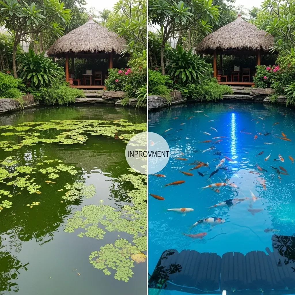 So sánh nước hồ đục do tảo và chất thải với nước trong sau khi xử lý.