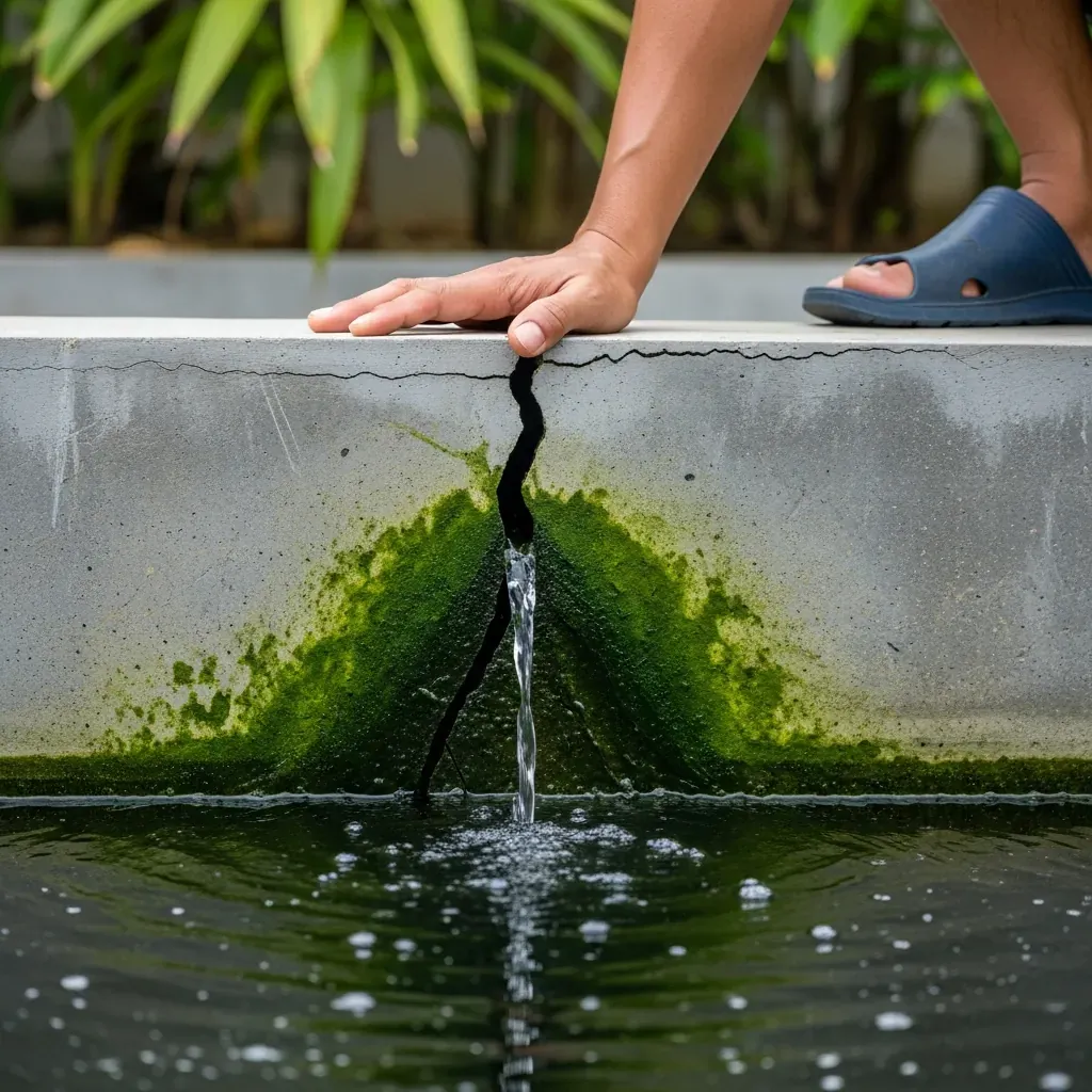 Vết nứt trên thành hồ bê tông khiến nước rò rỉ do chống thấm kém chất lượng.