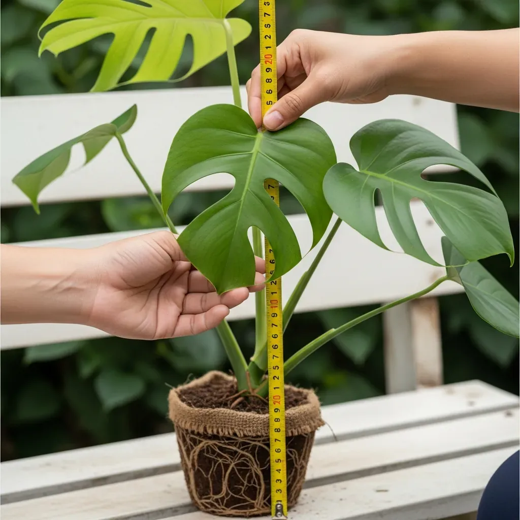 Bàn tay người Việt nâng lá cây kiểng kiểm tra sâu bệnh, bên cạnh thước dây đo thân.