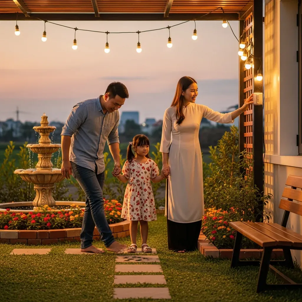 Gia đình Việt kiểm tra gạch lát và đèn sân vườn trong khu vườn mới hoàn thiện.