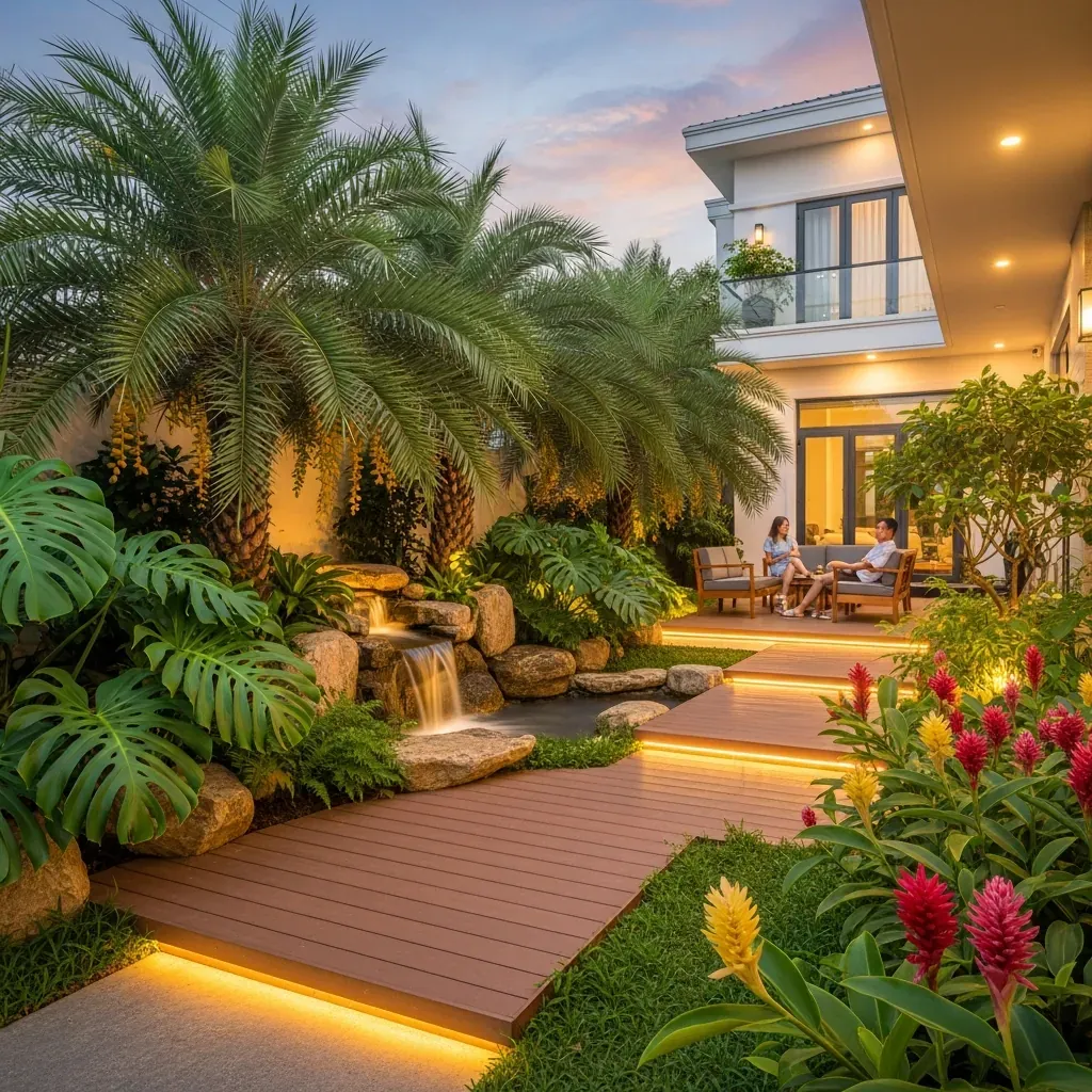 Khu vườn phong cách Tropical Modern tại Thảo Điền, Quận 2 với cây chà là, tiểu cảnh nước và đèn LED.
