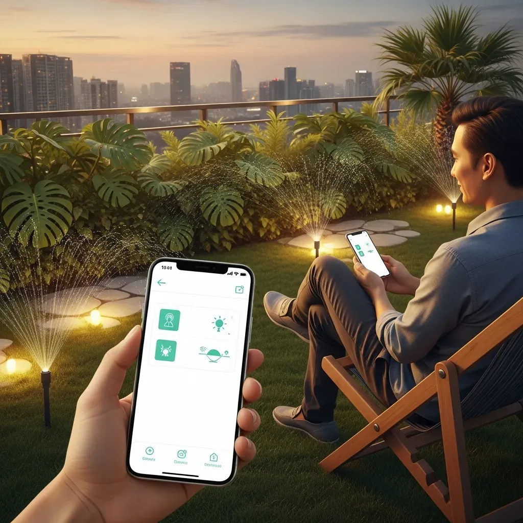Người đàn ông Việt Nam điều khiển hệ thống tưới và đèn sân vườn qua điện thoại thông minh trên sân thượng xanh.