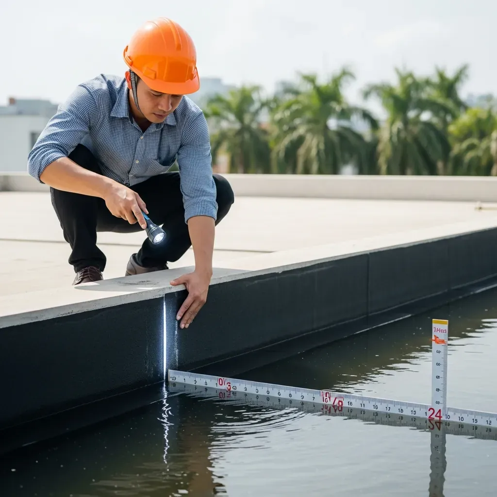 Người kiểm tra dùng đèn pin rọi dọc mép màng chống thấm đã dán, kiểm tra khe hở.
