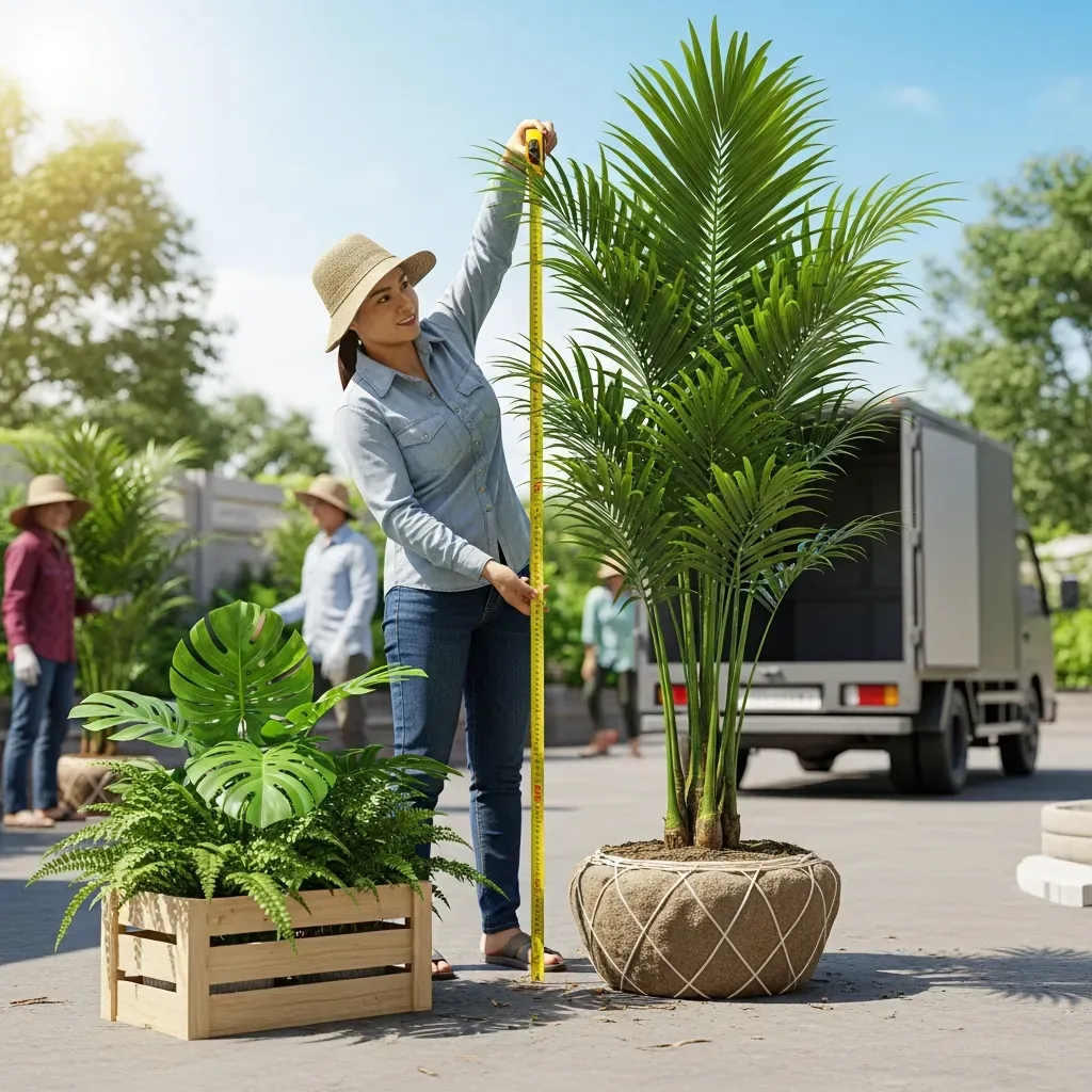 Người phụ nữ Việt Nam đo chiều cao cây chà là trước khi trồng, đối chiếu với hợp đồng.