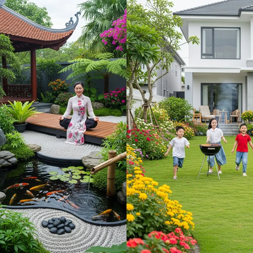 So sánh hai phong cách sân vườn: một góc thiền yên tĩnh và một sân chơi năng động cho gia đình.