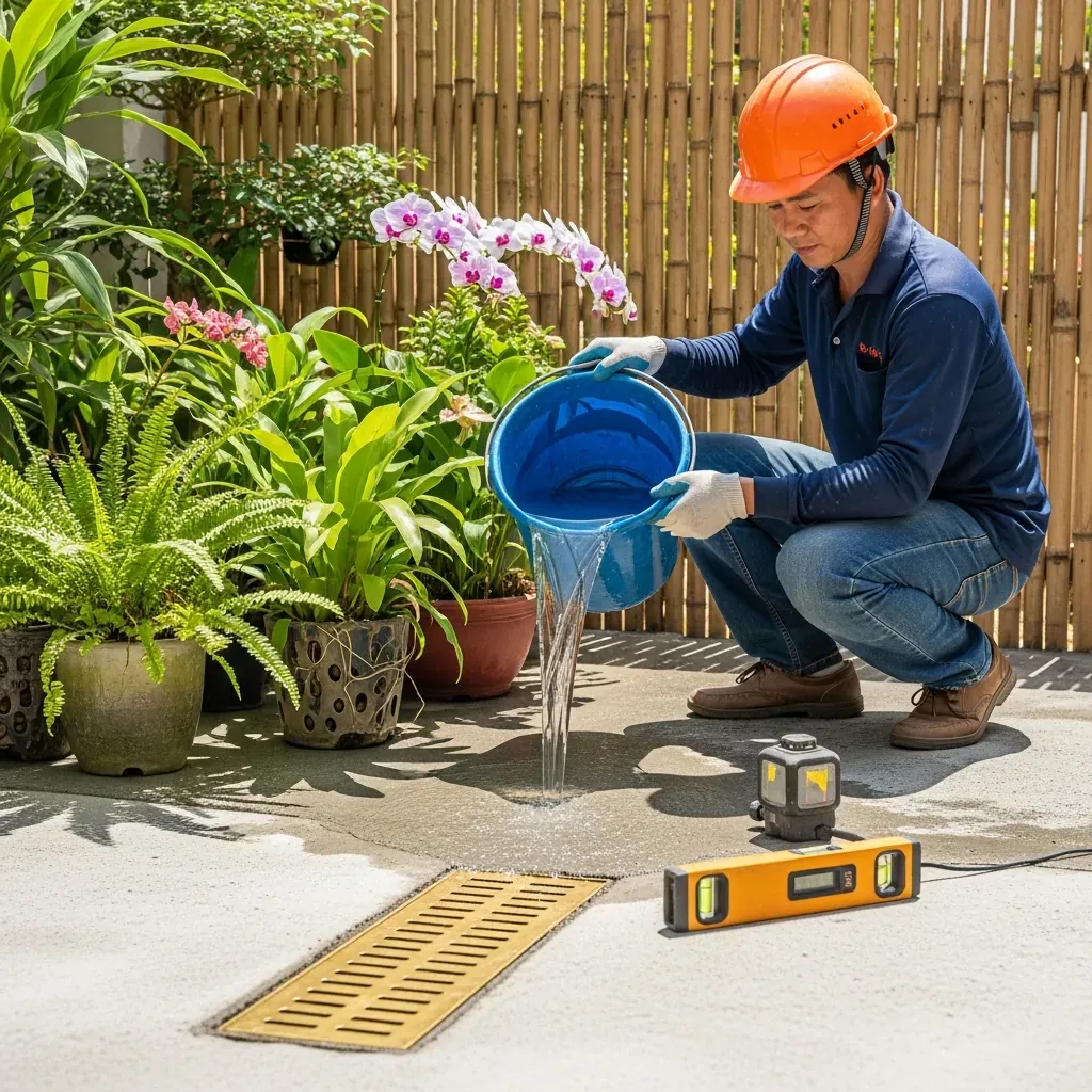 Thợ xây dựng Việt Nam đổ nước kiểm tra độ dốc trên sân bê tông, nước chảy đều về phía ống thoát.