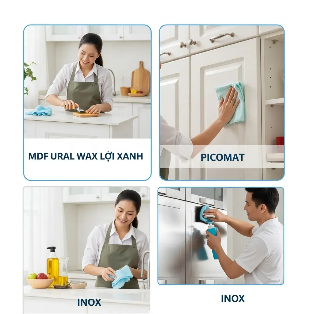 Bảo dưỡng dài hạn: đánh vecni tủ MDF, lau khô tủ Picomat, đánh bóng tủ Inox.