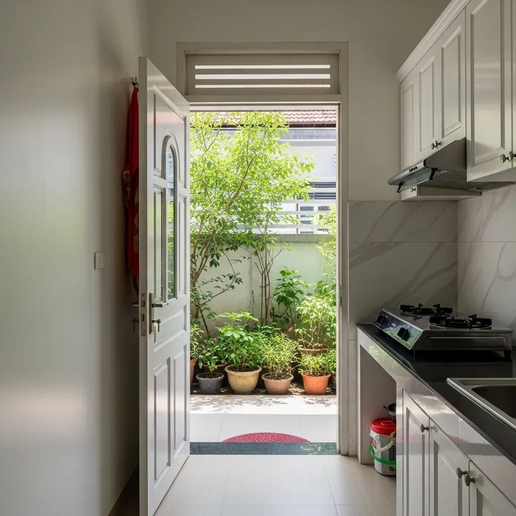 Bếp đối diện trực tiếp cửa chính – một sai lầm phong thủy phổ biến.