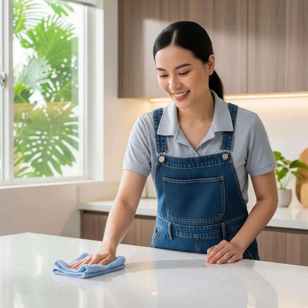 Người phụ nữ lau bếp sau khi nấu, giữ vệ sinh hàng ngày cho tủ bếp nhà cấp 4.