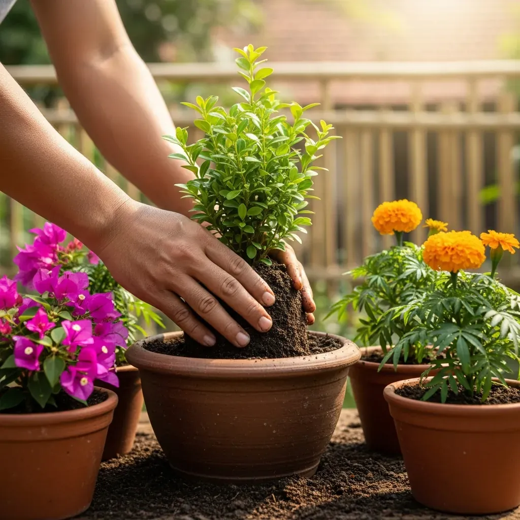 Đôi tay trồng cây hoa bản địa vào chậu đất màu mỡ.