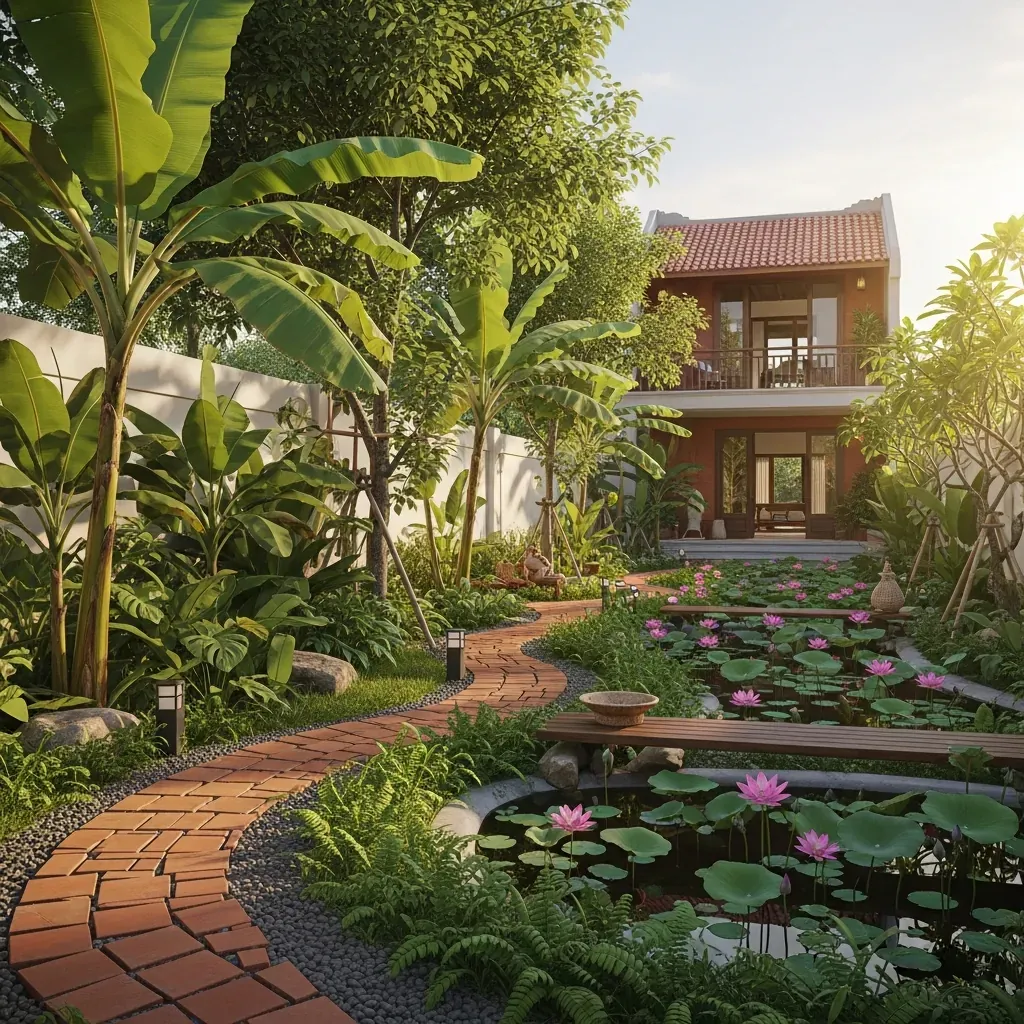Khu vườn nhà Việt Nam thiết kế hài hòa với ao sen, lối đi gạch và cây xanh nhiệt đới.