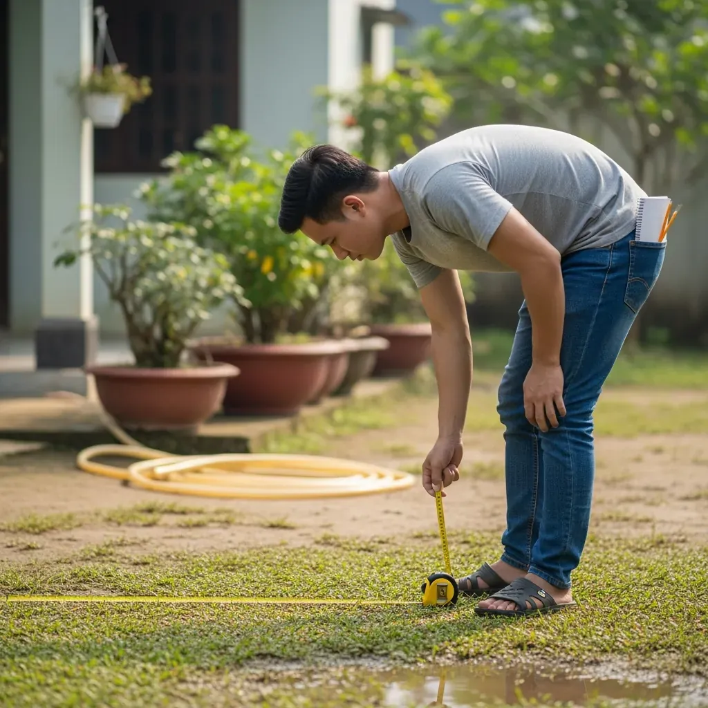 Người đàn ông đo kích thước sân bằng thước dây, ghi chép.