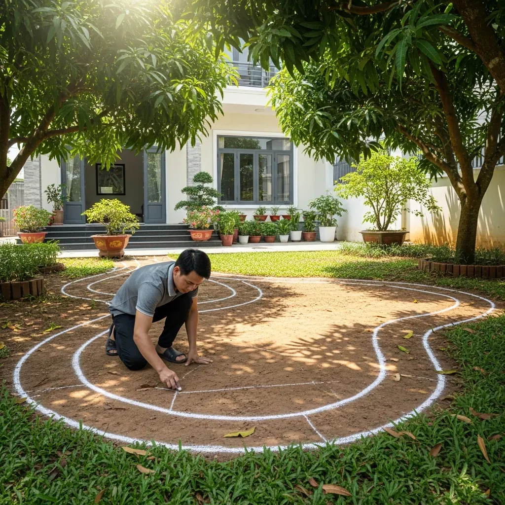 Người đàn ông dùng phấn trắng vẽ đường viền bồn cây trong sân.