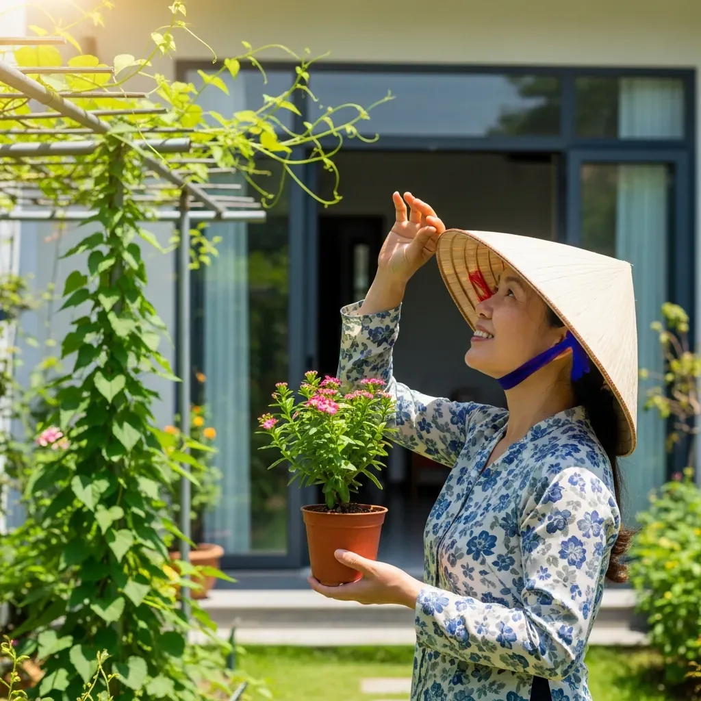 Người phụ nữ đội nón lá ngắm trời, chọn cây phù hợp ánh sáng.