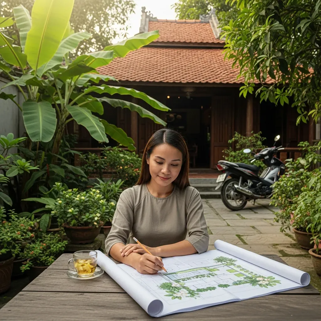 Người phụ nữ Việt đang phác thảo sơ đồ sân vườn trên giấy ngoài trời.