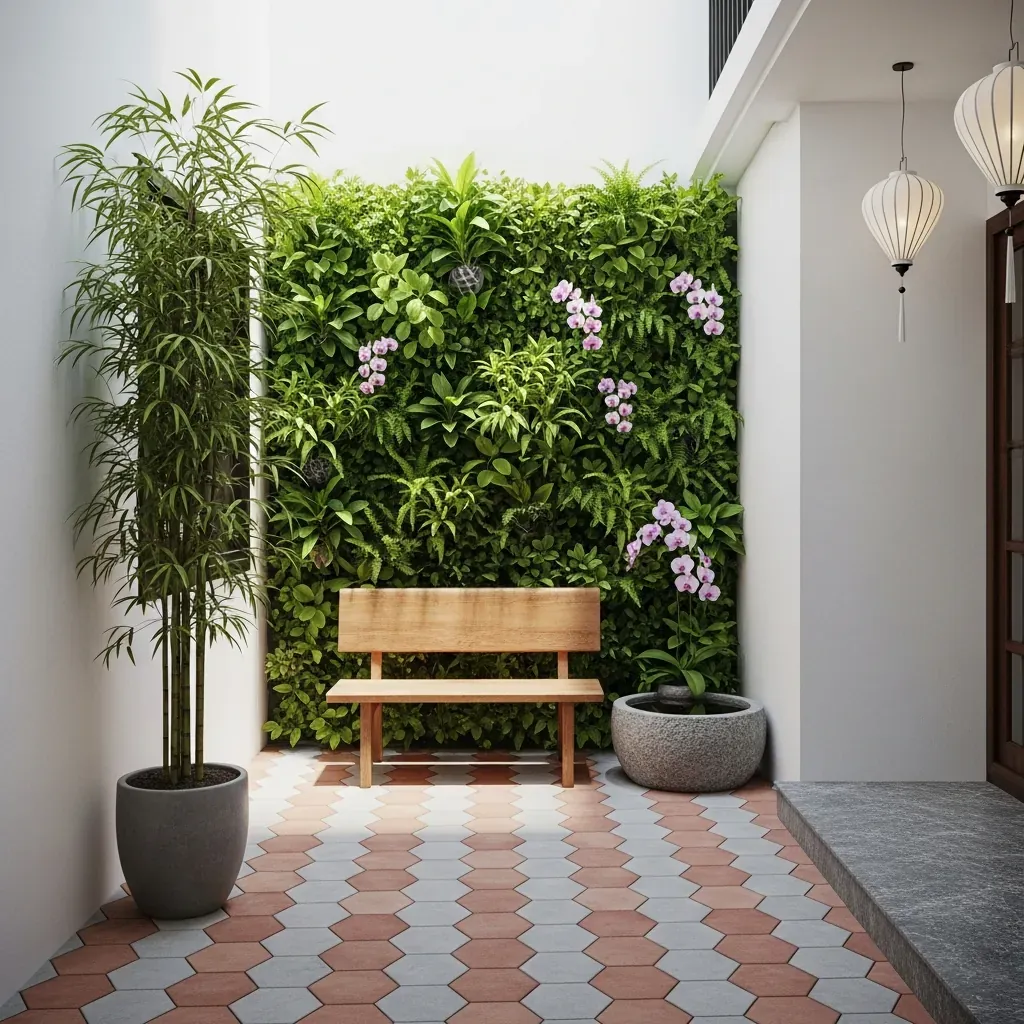 Sân nhỏ Việt Nam với tường cây đứng và ghế gỗ, không gian gọn gàng.