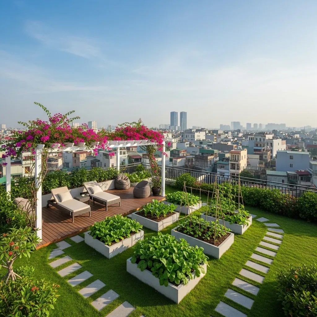 Sân thượng 100m² tại Hà Nội sau cải tạo với giàn hoa, thảm cỏ và luống rau.
