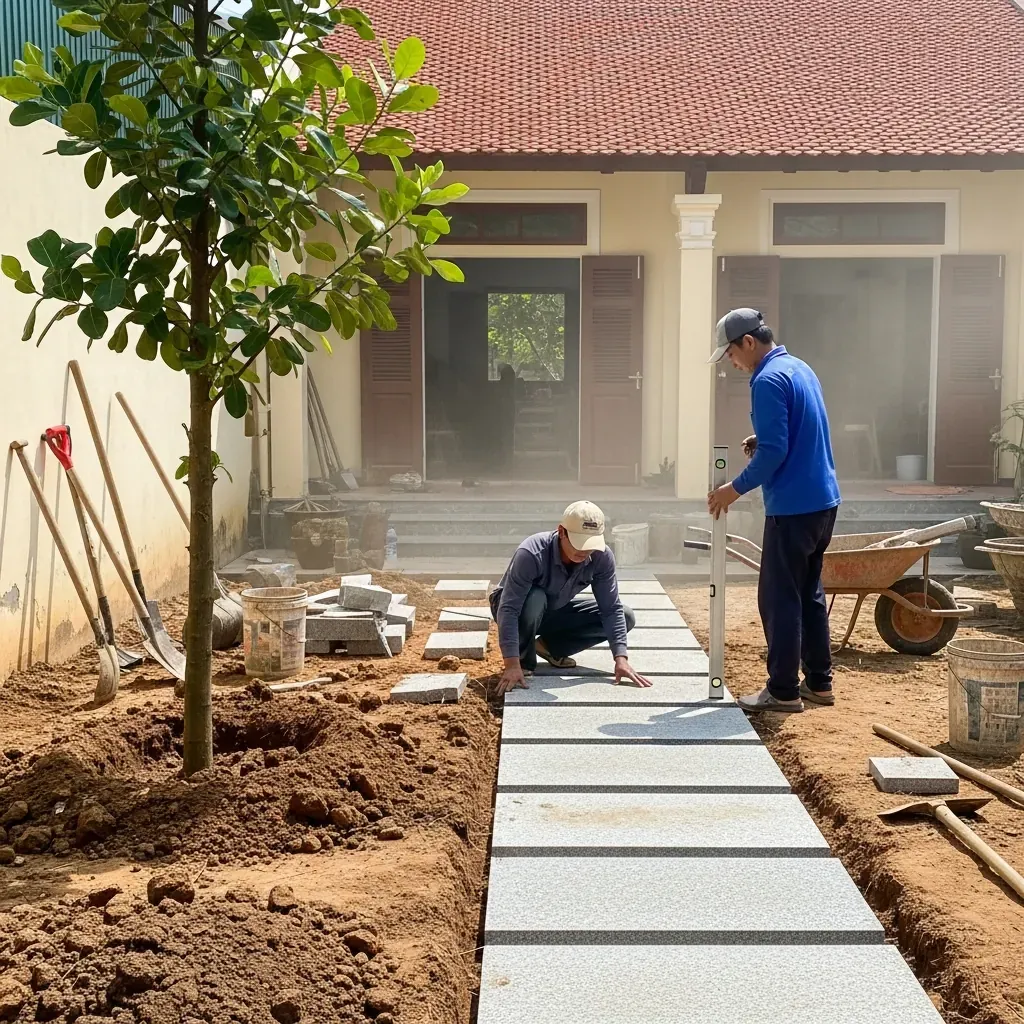 Thợ xây lát lối đi đá trong sân vườn nhà Việt.