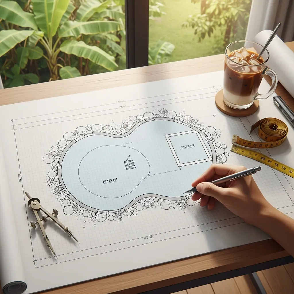 Bản vẽ phác thảo hồ cá koi trên bàn với dụng cụ đo.