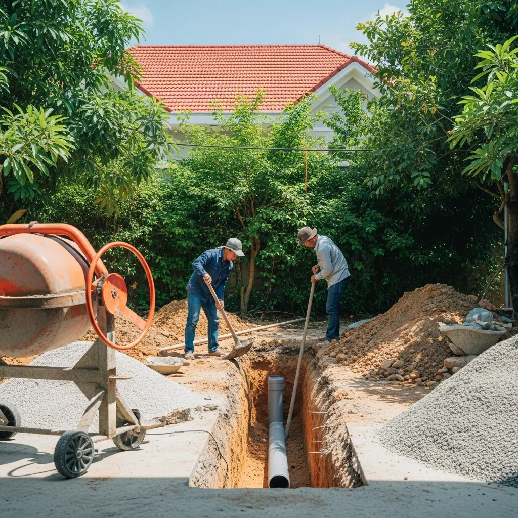 Công nhân thi công phần thô hồ cá koi, đặt ống hút đáy.