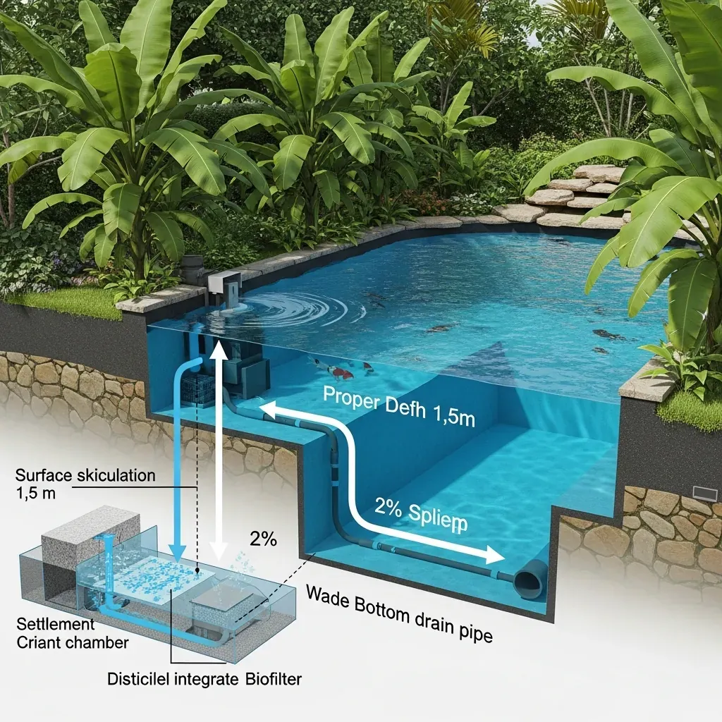 Mặt cắt ngang hồ cá koi cho thấy độ sâu 1,5m, độ dốc đáy và ống hút đáy.