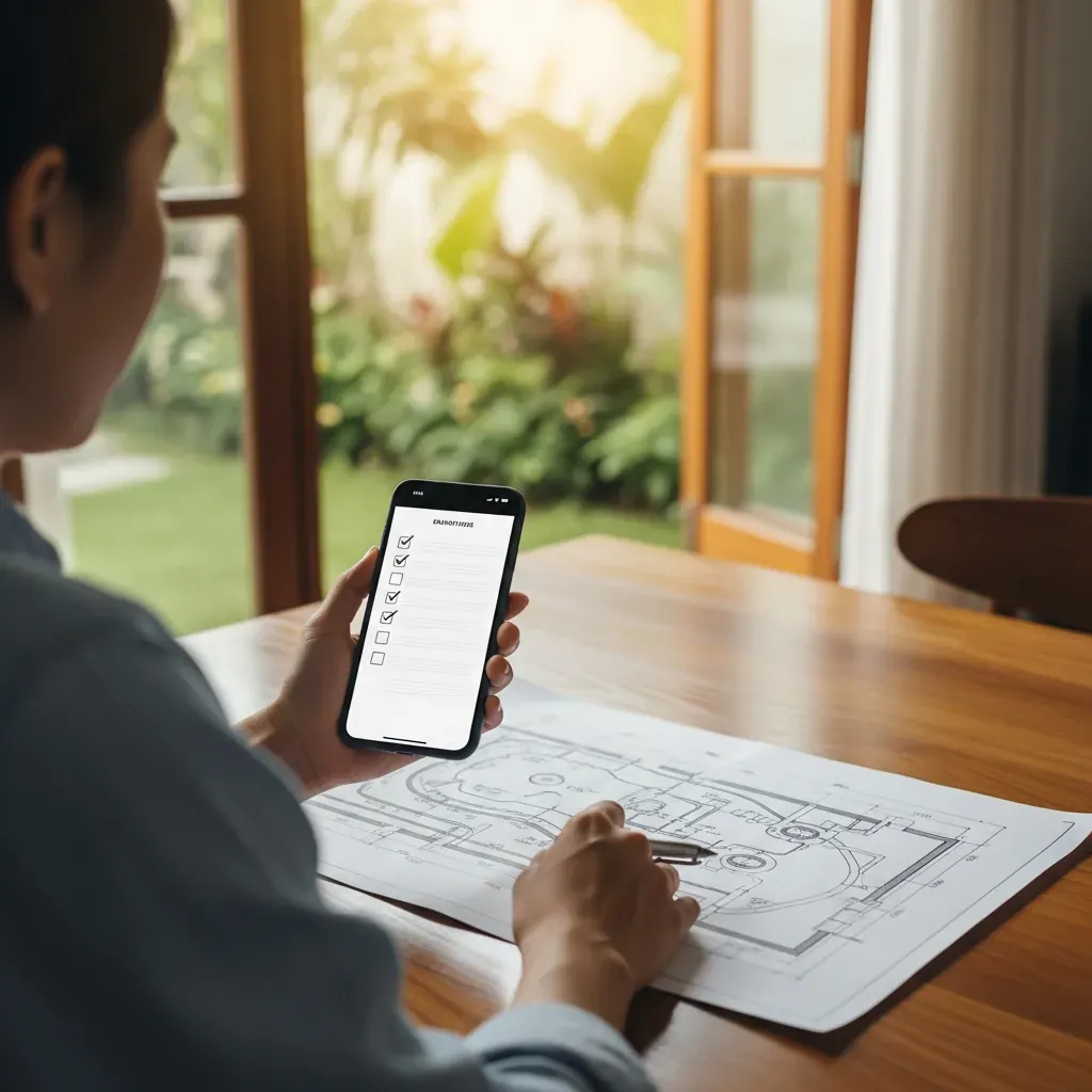 Người chủ nhà xem bảng kiểm tra trên điện thoại và bản vẽ hồ cá koi.