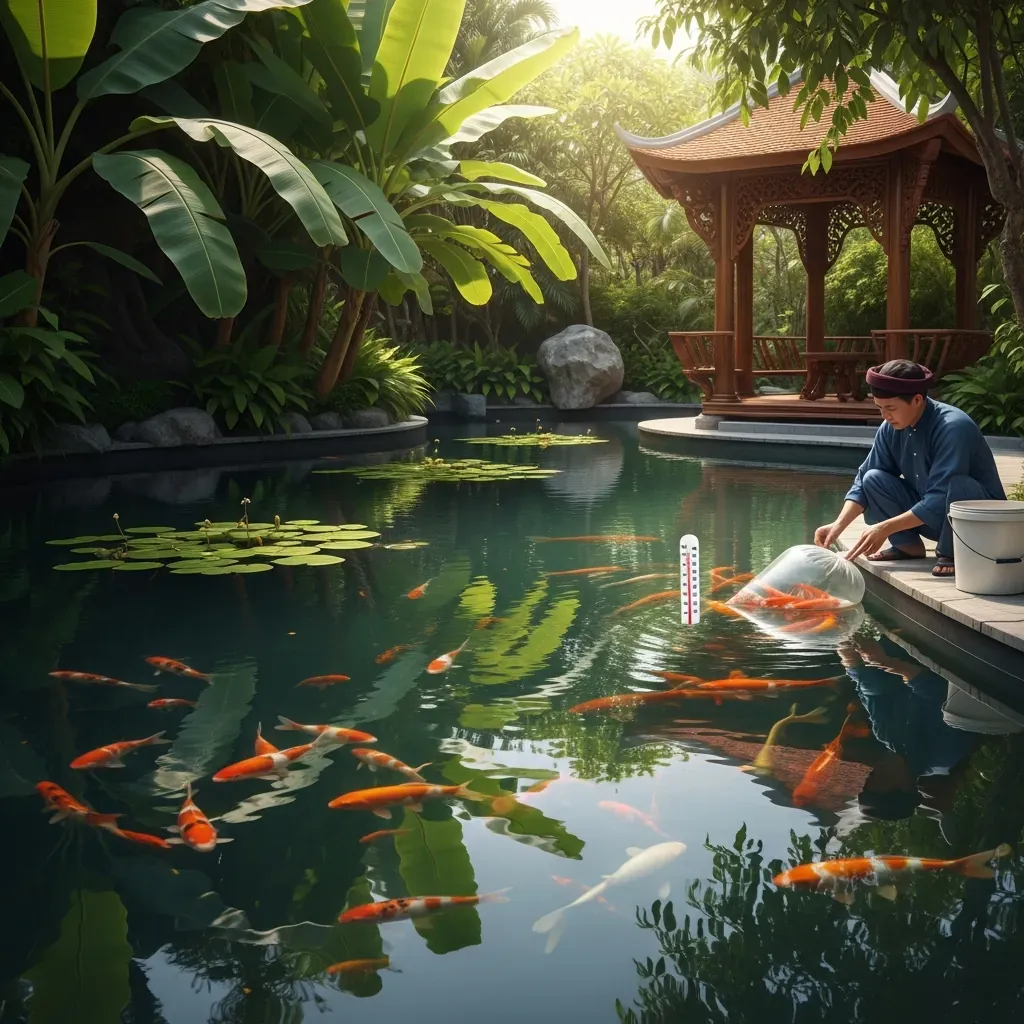 Thả cá koi mới vào hồ sau khi đã kiểm tra nước và cách ly.