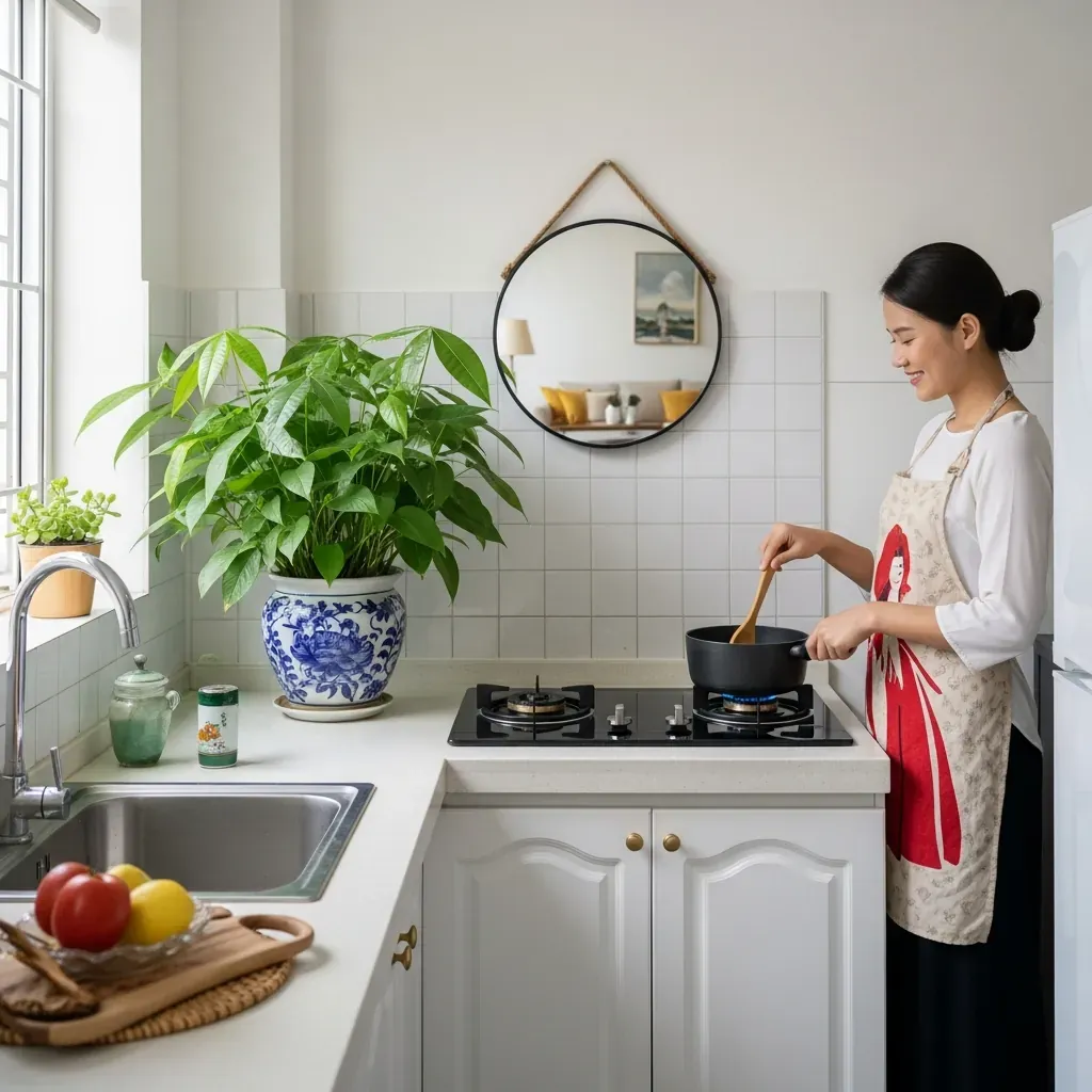 Bếp nhỏ có chậu cây kim tiền ngăn cách bồn rửa và bếp nấu, kèm gương tròn nhỏ trên tường.