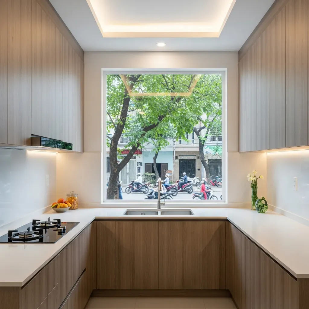 Căn bếp chữ L hoàn thiện, tủ gỗ Melamine kịch trần, mặt đá trắng, cửa sổ nhìn ra phố.